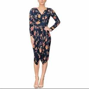 Rachel Roy Navy Coral Bouquet Pleated Wrap Midi Dress Long Sleeve Size L NWT